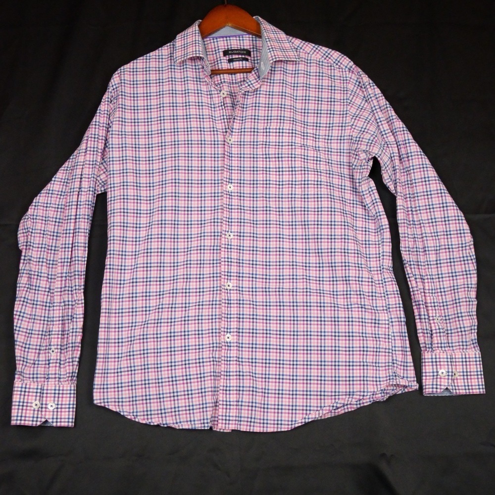 Bugatchi Button Down Shirt Mens L Pink Blue Plaid Classic Fit Long Sleeve Cotton